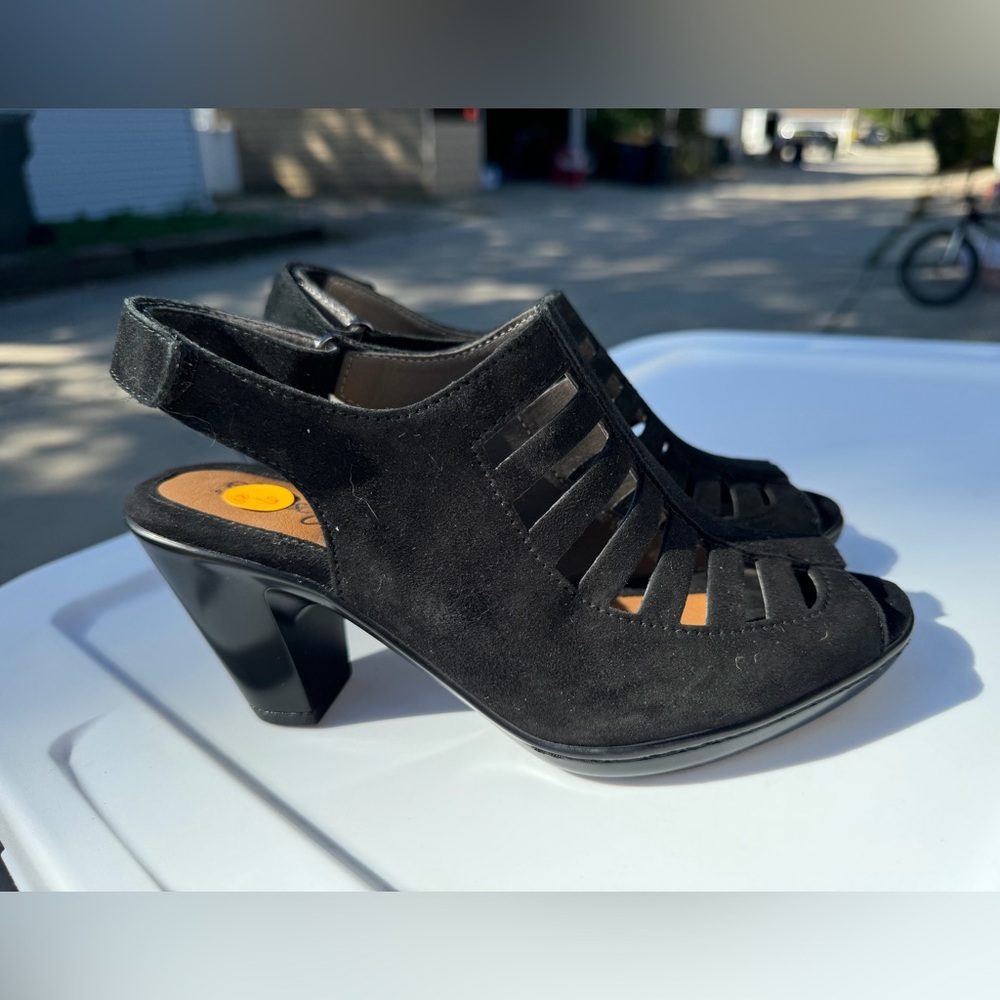 EuroSoft by Sofft Black Suede Slingback Peep-Toe Heels